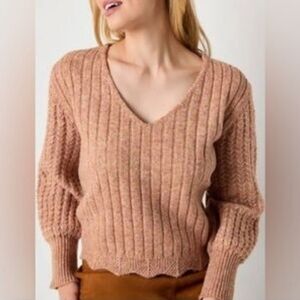 FRYE & CO Puff Sleeve Fancy Knit Boho V Neck Sweater In Apricot NWOT